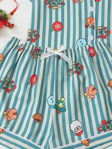 2pcs Comfortable Blue & White Striped Christmas Pattern Short Sleeve Collared Top And Bowknot Shorts Women's Pajama Set - Blue - View 6