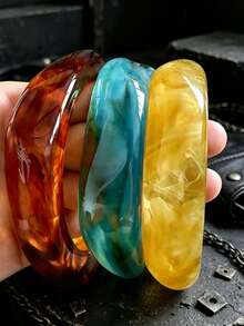 3pcs/1pc Y2k Exaggerated Geometric Bracelet Set, Versatile Jewelry Accessory For Daily Wear, Party, Vacation, Boho Style Geometric Pattern Elements - Twisted (Translucent Coffee + Peacock Blue + Translucent Yellow) - View 4