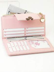 Long PU Wallet With Colorblock Decoration, Fashionable Exquisite Slim Design, With Buckle, Multifunctional, Can Be Used As Wallet And ID Holder, Compact And Lightweight, Easy To Carry - Pink - View 2