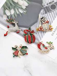 1/5 Pcs Of Diamond-Studded Christmas Brooches - Creative Flower Pins - Red Apple, Snowman, Bell, Moose Cartoon - Ladies' Brooches - Christmas Gift - Multicolor - View 5