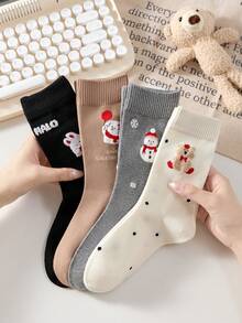 4 Pairs Christmas Reindeer Vintage Women's Mid-Calf Socks, Warm And Comfortable, Christmas Party Theme, Randomly Shipped (No Gift Box) - Multicolor - View 10