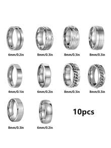10PCS Fashion Mixed Men Stainless Steel Rings, Polished Plain Band, Rotatable Chain, Roman Numeral Band, High-Quality Jewelry, Gifts For Daily Wear - Silver - View 6