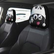 2pcs Double-Sided Printed Car Accessories Cute Tongue Out Peace Sign Cartoon Panda Hat Print Headrest Covers, Soft Short Plush Fabric Skin-Friendly Breathable, Elastic Fit Anti-Slip, Removable Washable Easy Care, Matching Interior Car Seat Covers Neck Support Headrests, Cute Style Car Accessories, Vehicle Decoration Car Parts; Fun Quirky Pattern Popular Among Young Women, Effectively Buffers Neck Pressure During Driving - [Double-sided Printing]2pcs - View 9