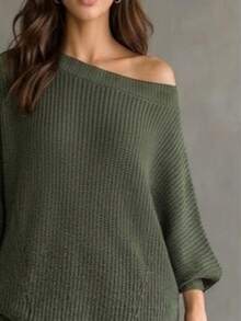 1pc Solid Color Knit Sweater Top For Women, Casual, Date, Tea Party, Early Autumn - Army Green - View 5