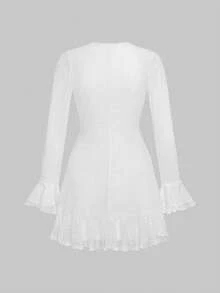 QUNGIGU Women V Neck Flower Lace Dress Bell Sleeve Ruffle Hem Outfits For Going Out Dating Party Wear - White - View 7
