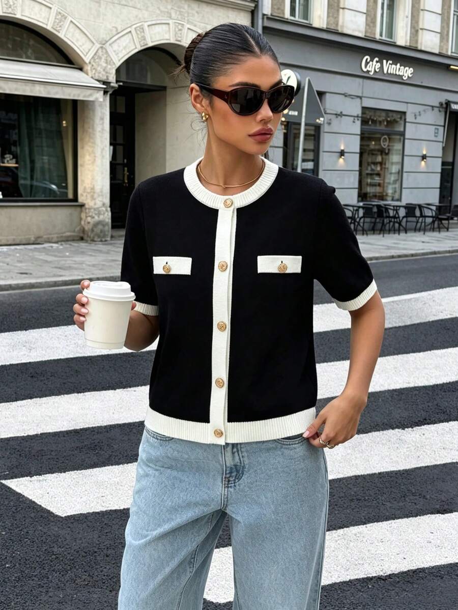 DEEKA Summer New Women's French Contrast Color Button Round Neck Fitted T-Shirt Short Sleeve Knit Cardigan - Black 1 - View 1