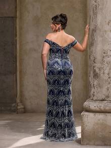 VIPGIRL Gaun Malam Mewah Elegan Model Tulang Ikan Tanpa Lengan Warna Biru Tua Ukuran Plus, Model Baru, Berhiaskan Manik-manik dan Mutiara - Navy Blue - View 2