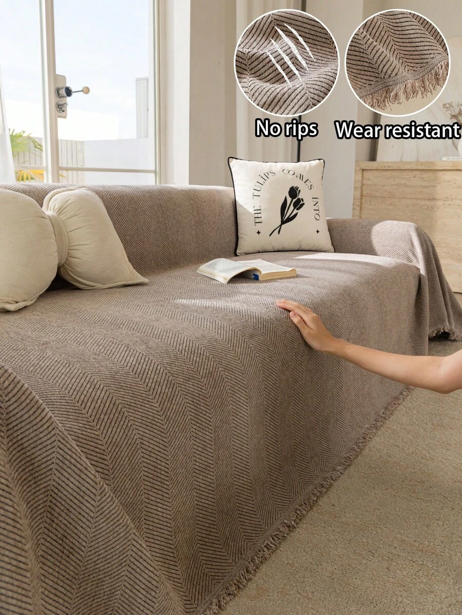 ZXZGM 1pc Chenille Modern Anti-Slip Sofa Cover, Non-Slip Sofa Blanket, Cushion, Suitable For Sofa, Tablecloth, Picnic Mat, Bedroom, Living Room, Office, Outdoor, Herringbone Pattern - Khaki - View 1