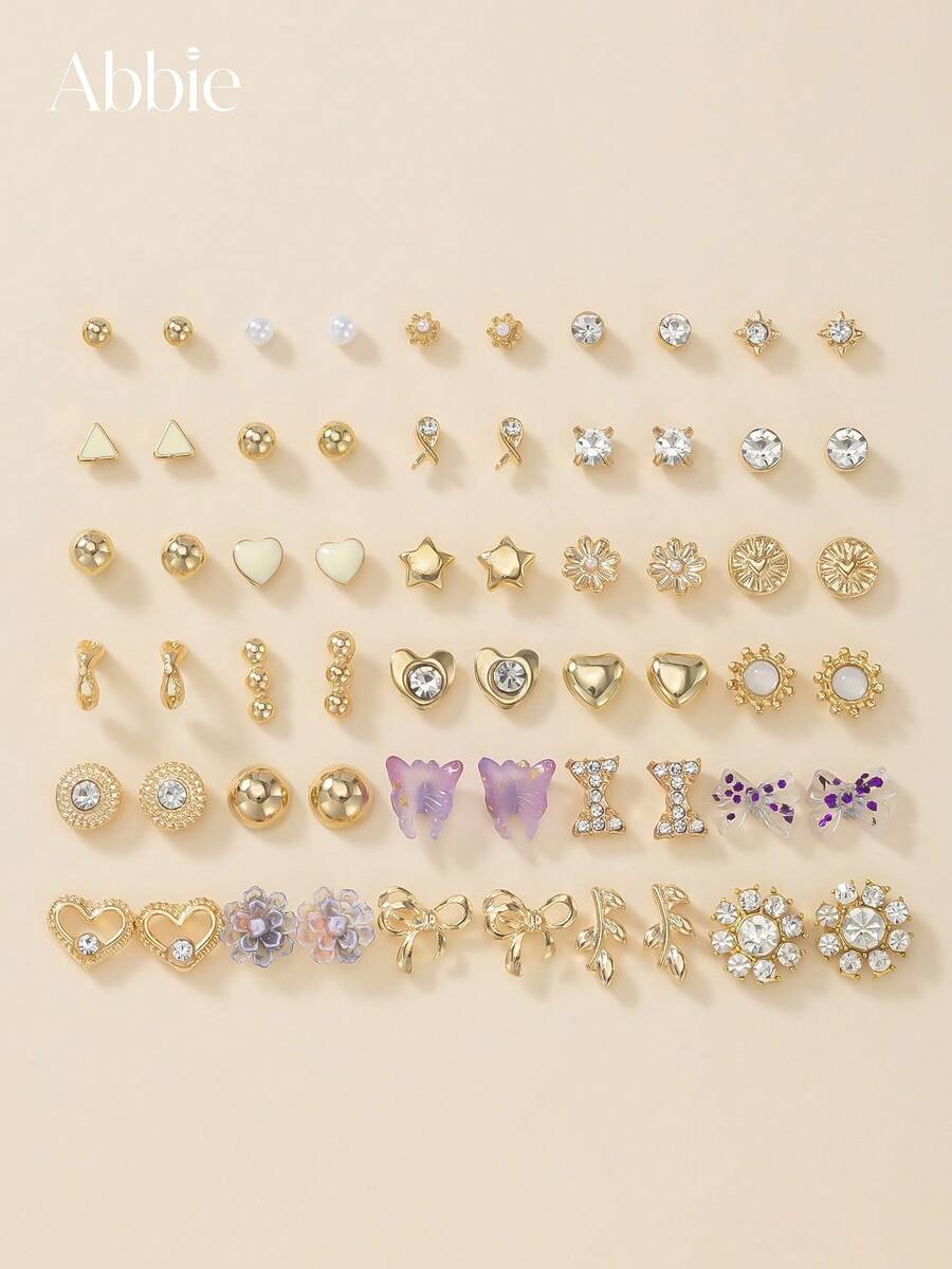 30 Pairs Elegant Personalized Flower Butterfly Heart Star Minimalist Geometric Fashion Women's Stud Earrings Set, Suitable For Party, Daily, Casual, Date, Photo Shoot, Jewelry Holiday Gift - Multicolor - View 1