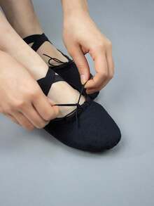 Split Sole Drawstring Canvas Ballet Shoes - Black - View 2