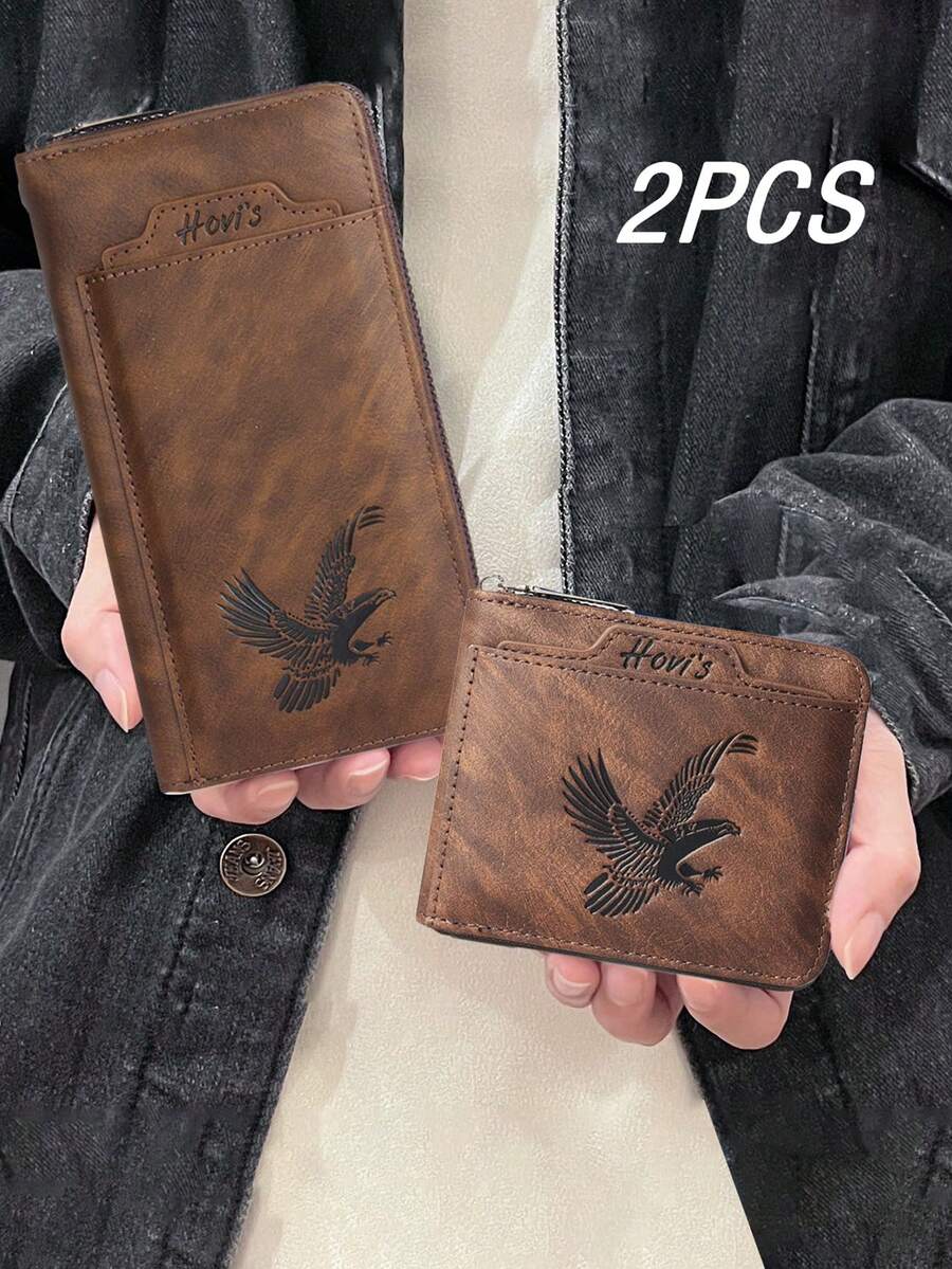 HOVI'S Men's 2 Pieces Vintage Distressed Clutch Wallet Set - Long Wrist Strap Handbag With Embossed Design + Compact Short Wallet - Brown - View 1