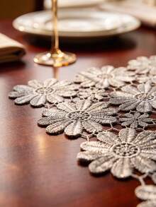 HXARTMIS 1件刺繡鏤空雛菊花卉蕾絲桌旗，復古田園風餐桌裝飾，適用於餐桌、婚禮派對與居家裝飾 - 灰色 - 查看 3
