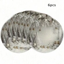 1/4/6件組聖誕系列－銀白色雪花聖誕樹花環手繪圖案餐墊，適合居家廚房，聚酯纖維材質，廚房餐桌裝飾與派對場景裝飾 - 彩色 - 查看 14