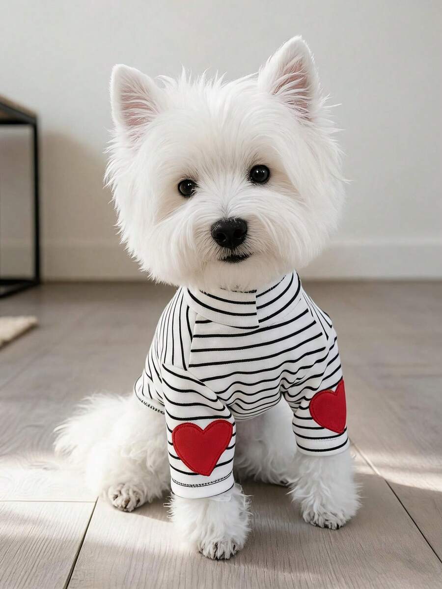 PETCIRCLE 1件寵物衣服 狗貓適用 小狗幼犬可愛心形底層襯衫 黑白條紋 - 黑色 - 查看 1