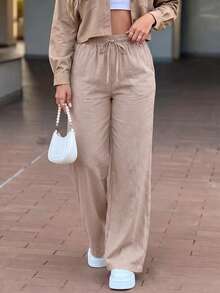 Unadoll Women's Autumn Blush Apricot Drawstring Wide Leg Pants, Elastic High Waist Loose Long Pants, Minimalist Casual Street Style, Suitable For Daily Commute - Pink Apricot - View 7