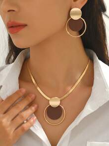 2pcs/Set Autumn/Winter Creative Personalized Necklace & Earrings Jewelry Set For Women, Fashion Metal Style, Geometric Brushed Disc Hollow Circle Layered Design Pendant Necklace, Brown & Gold Contrast Color, Minimalist Elegant Style, Spring, Daily, Party, Gathering, Middle Eastern Style, Wedding Season, Holiday Gift For Best Friend/Girlfriend - Brown - View 6
