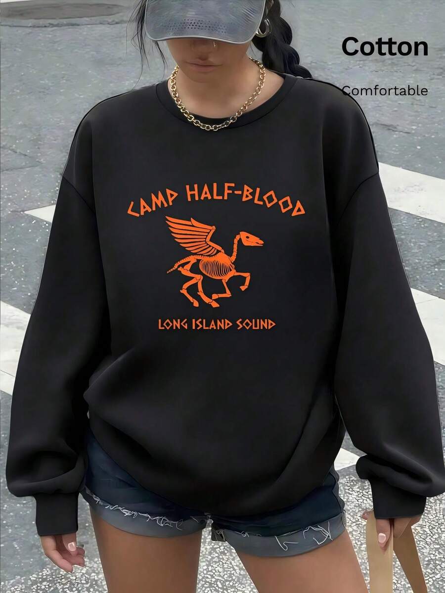 Women's Camp Half-Blood Skeleton Print Pullover Sweatshirt, Black Cotton Blend Drop Shoulder Long Sleeve Round Neck Casual Top For Fall - Black - View 1