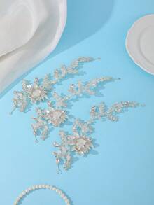 3pcs Bohemian Style Rhinestone Flower & Leaf Hair Accessories Bridal Side Headpiece For Wedding Styling - Silver - View 3