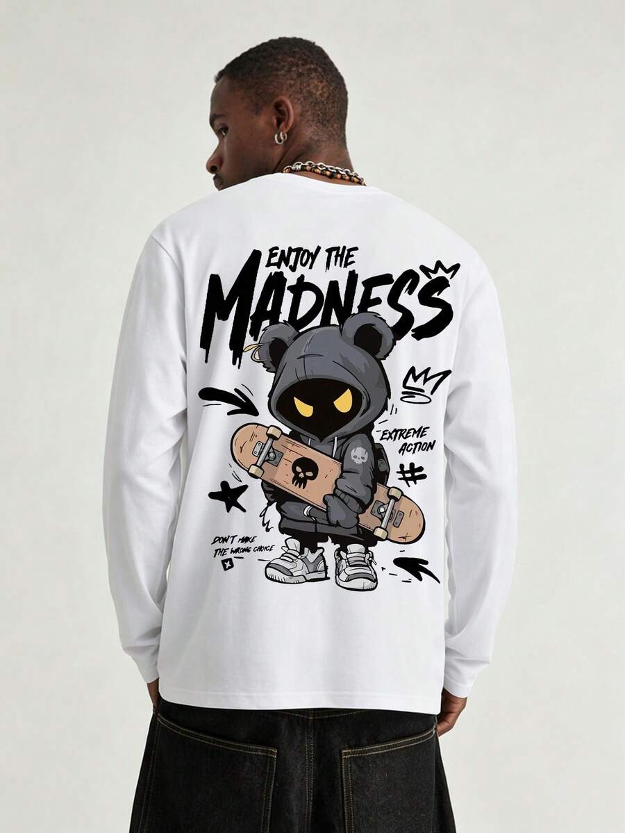 Men's Minimalist Skateboard Print Casual Daily Wear Crew Neck Long Sleeve T-Shirt, Spring/Autumn - White - View 1