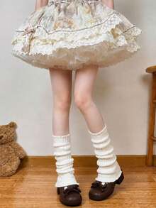 Women's White Lolita Style Bow Lace Ruffle Cable Knit Leg Warmers, Random Style - White - View 2