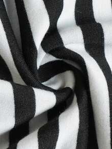 Women Fall Elegant Drawstring Hoodie, Striped Print Long Sleeve Cropped Loose Fit Holiday Festival Daily Tops - Black and White - View 4