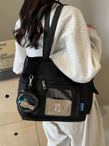 Tote Bag With Transparent Front Pocket For Customizable Decorative Cards, Detachable Small Round Side Pouch, Wide Strap For Comfortable Long-Term Wear, Multi-Compartment Storage, Suitable For Students' School And Travel, Versatile And With A Vibrant Personalized - Black - View 6