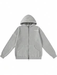 Men's Solid Color Hooded Sweater, Autumn/Winter Versatile Double Zipper Front Open With Pockets - Grey - View 2