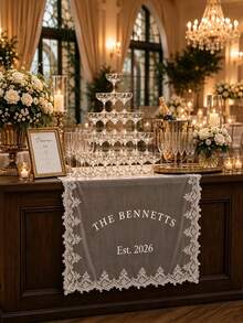 Custom Lace Sheer Wedding Table Runner, Personalized Head Table Sign For Bride And Groom Reception Display, Wedding Sweetheart Table Decor, Rustic Lace Wedding Table Runner, Suitable For Wedding, Anniversary, Party. - Multicolor - View 4