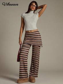 VIBEWAVE Brown & Black Striped Faux Two Pieces Skort, Low Waist Flared Long Casual Pants For Women, American Vintage Hot Girl Style, Spring/Autumn Streetwear Bottoms - Multicolor - View 4