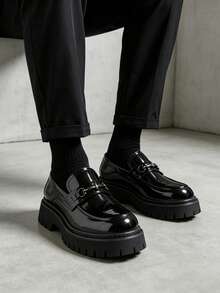 Men's Classic Slip-On Loafers, Chunky Square Heel, Casual Business Commute Non-Slip Daily Shoes - Black - View 6