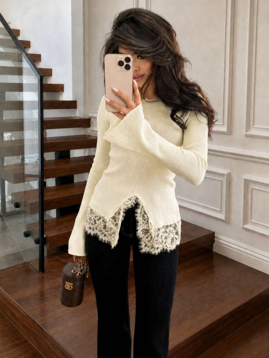 JTI Sweater Wanita Warna Kuning Muda dengan Motif Renda, Leher Bulat dan Belahan Samping di Bagian Bawah, Elegan, Kasual, dan Serbaguna, Cocok untuk Perjalanan Musim Gugur/Musim Dingin, Kencan, Jalan-jalan, Pesta, dan Liburan. - Aprikot - View 1