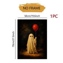 1PC Unframed Vintage Halloween Art Print, Cute Tattered Ghost Holding Red Balloon Dark Moody Background Wall Poster, Halloween Decor Fall Decor Wall Decor Home Decor, Whimsical Spooky Wall Decoration Gift For Halloween Season - Abstract - View 12