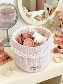 5/1pc Heart‑Shaped Quilted Surface With Delicate Lace Trim,Creates Soft Aesthetic For Your Vanity Desk Cylindrical Large‑Capacity Design,Holds Cosmetics,Hair Accessories And Desktop Sundries,Lightweight Soft Fabric Basket,Suitable For Bedroom - Multicolor - View 13