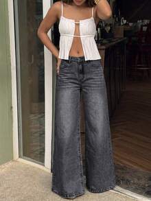 Women's Casual Gray Wide Leg Jeans, Button & Zipper Design, Solid Color Non-Stretch Minimalist Long Pants, Autumn New Outfit - Grey - View 5