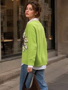Women's Green Ribbed Knit Polyester Long Sleeve Pullover Sweater, Bright Floral Pattern, Suitable For Autumn/Winter Casual Daily Wear Fall - Green - View 6