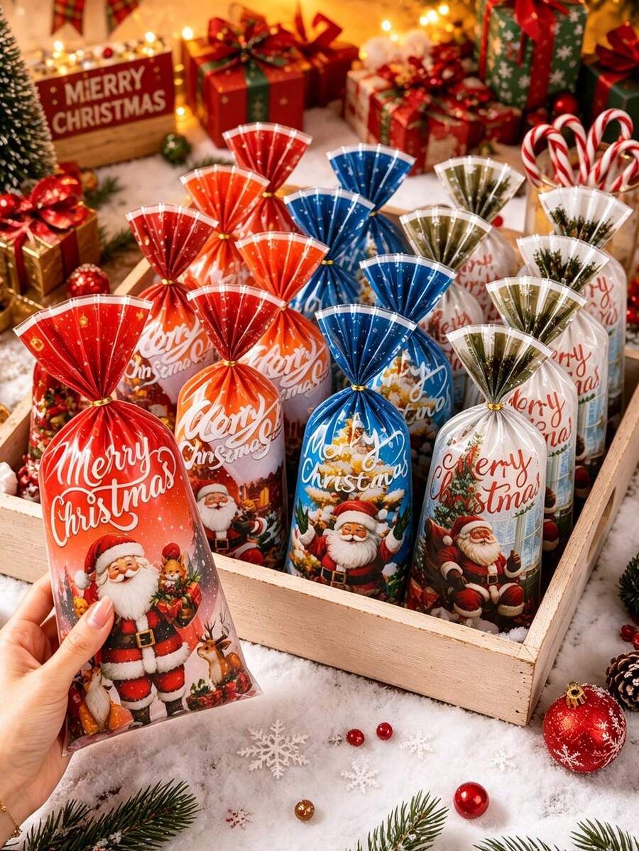 Christmas Gift Bags, Santa & Snowman Mixed Prints, Holiday Candy Treat Packaging Bags For Xmas Party
