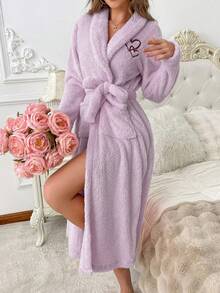 Women's Plush Heart Embroidered Robe, Soft And Comfortable Autumn/Winter Loungewear, Cream Color Plush Bathrobe, Women's Fluffy Plush Robe - Heart Purple - View 3