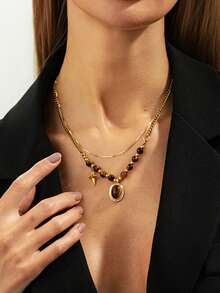 1pc Luxury Vintage Tiger Eye Beaded & Metal Chain Snake Bone Layered Necklace With Four-Pointed Star Pendant, Suitable For Women's Daily, Vacation, Autumn/Winter, Wedding, Banquet Wear - Gold - View 6