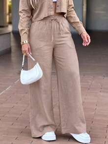 Unadoll Women's Autumn Blush Apricot Drawstring Wide Leg Pants, Elastic High Waist Loose Long Pants, Minimalist Casual Street Style, Suitable For Daily Commute - Pink Apricot - View 1