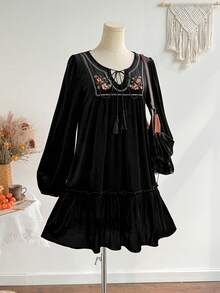 Rusttydustty Women's V-Neck Vintage Floral Embroidered Babydoll Loose Fit Short Dress - Black - View 7
