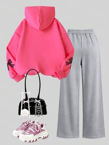 Fashion Street Academy Style Girls Bow & Number Print Hoodie Sweatshirt With Printed Loose Long Pants, 2-Piece Set For Autumn/Winter - Hot Pink - View 4