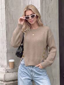 Nicenter Women's Crew Neck Drop Shoulder Long Sleeve Side Button Slit Sweaters, Wool Blend Tops, Khaki Casual Elegant Fall Clothes, Winter Clothes For Daily - Dusty Pink - View 7