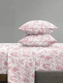 4-Piece Pink Floral Butterfly Pattern Bedding Set Includes 1 Fitted Sheet, 1 Flat Sheet And 2 Pillowcases, Pillow Inserts Not Included. Fitted Sheet Set, Size Options: King, Queen, Full, Twin. Fitted Sheet Deep Pocket Design, Fits Up To 11.8 Inch Mattress. Soft And Breathable, Wrinkle-Resistant - Pink - View 1