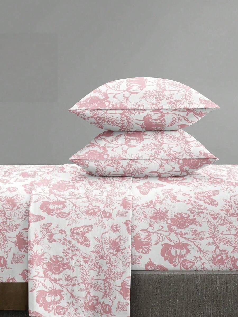 4-Piece Pink Floral Butterfly Pattern Bedding Set Includes 1 Fitted Sheet, 1 Flat Sheet And 2 Pillowcases, Pillow Inserts Not Included. Fitted Sheet Set, Size Options: King, Queen, Full, Twin. Fitted Sheet Deep Pocket Design, Fits Up To 11.8 Inch Mattress. Soft And Breathable, Wrinkle-Resistant - Pink - View 1
