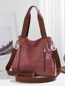 Vintage Large Capacity Canvas Tote Bag, Solid Color Multi-Compartment Zipper Handbag Shoulder Crossbody Bag Sports Bag Hobo Bag Bucket Bag, Detachable Adjustable Shoulder Strap, Suitable For Work, Holiday Shopping, Travel, Daily Use - Red Violet - View 3
