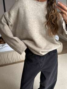 Women's New Autumn/Winter Solid Color Round Neck Drop Shoulder Long Sleeve Knit Sweater, Suitable For Daily Wear And Commuting, Casual Style - Fog Gray - View 3