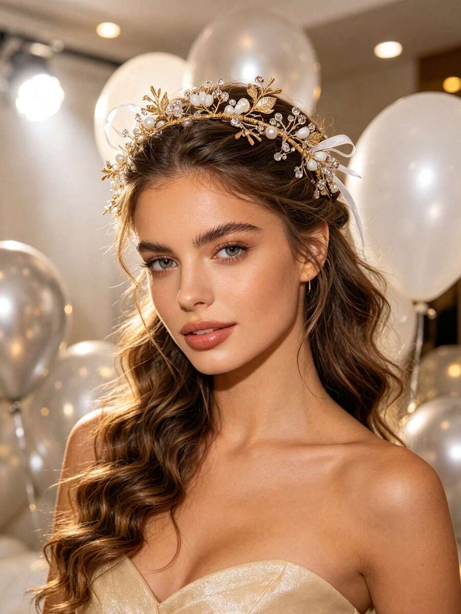 3pcs Vintage Elegant Gold Branch Pearl Rhinestone Headbands, Wedding Accessories, Bohemian Bow Bridal Headpiece - Gold - View 1