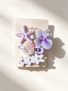3pcs Ocean Vacation Style Starfish Shell Flower Hair Clip Set, Pearl Floral Side Hair Clips, Sweet Bangs Hair Clips, Suitable For Women - Multicolor - View 9