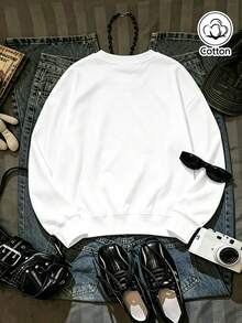 Women's Loose Fit Crew Neck Sweatshirt With Lip Print & Lettering, Breathable Casual Pullover For Spring Autumn Street Style - White - View 8