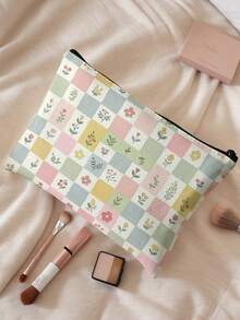 1pc Kids Pastel Multicolor Checkered Floral Print Zipper Closure Portable Makeup Pouch,Lightweight Toiletry Organizer For Travel Daily Storage Or Gift - Multicolor - View 3